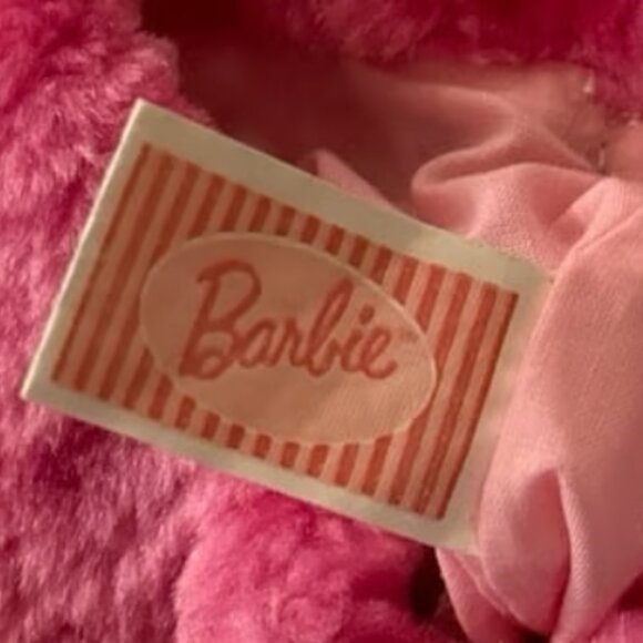 Vintage 1996 Pink Faux Fur Matell Barbie Drawstring Bag Purse Pom Poms - Picture 6 of 6